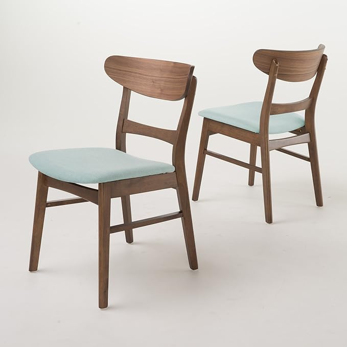 Set of 2 Solid Wood Dining Chairs, Fabric Upholstered Seat Mid-Century Modern Kitchen Furniture for Living Room, Mint+Walnut