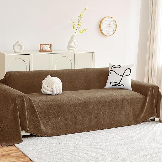 hyha Couch Cover for Dogs, Boho Sofa Covers for 3 Cushion Couch Washable, Chenille Sofa Slipcover for Pets, Soft Loveseat Sectional Couch Throw Blankets with Tassels (Chocolate, 88.5x134 Inch)