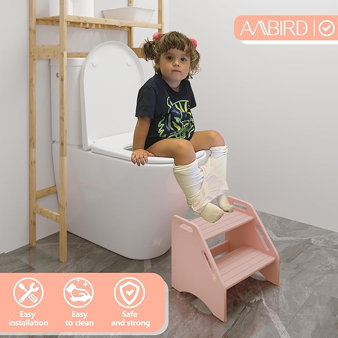 AMBIRD Wooden Step Stool, Two Step Stools Toddler 300 lbs Capacity with Safety Non-Slip Pads and Handles, Bamboo Step Stool for Bathroom, Kitchen Dual Height Step Stools for Kids (Pink)