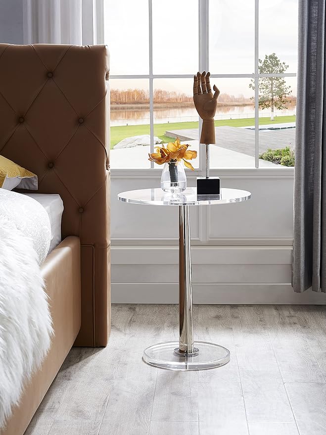 Clear Acrylic Table with Cone Metal Pole (Large, Silver) …