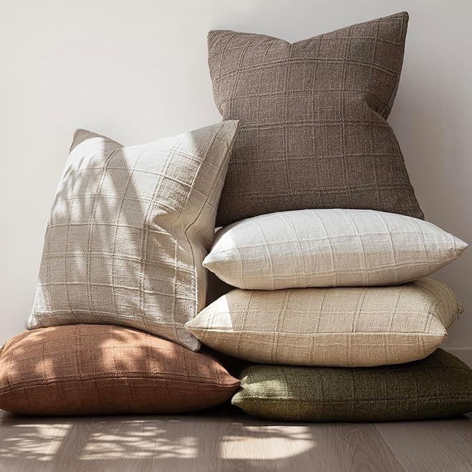 Foindtower Set of 2 Decorative Linen Check Throw Pillow Covers Neutral Farmhouse Vintage Cushion Covers Modern Boho Home Decor for Sofa Chair Couch Bedroom Living Room Outdoor,22×22 Inch,Taupe Grey