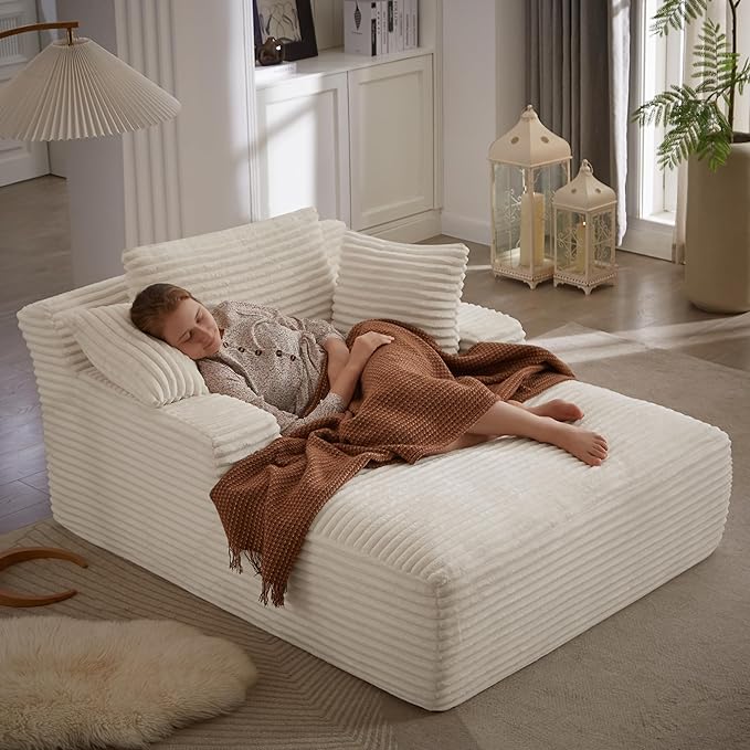 Oversized Chaise Daybed Lounge Sleeper Chair Sofa Bed Indoor, Fluffy Corduroy Upholstered Sleeper Recliner Sofabed Extra Wide Full Foam Cloud Sofabed W/3 Pillows for Home/Apartment Living Room Bedroom