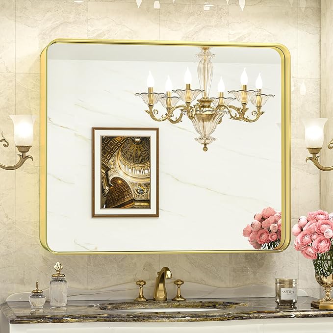 TokeShimi Gold Bathroom Mirror for Wall 42x36 Inch Rounded Corner Rectangle in Aluminum Alloy Brass Metal Frame Deep Set Design Hangs Horizontal Or Vertical Farmhouse