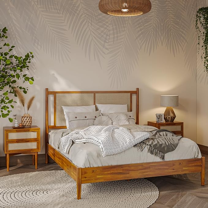 Bme Oliver Headboard Queen Size Bed Frame - 15-Inch Signature Design with Rattan Headboard, Bohemian and Mid Century Style, 12-Slat Wood Support, No Box Spring Needed - Easy Assembly, Caramel