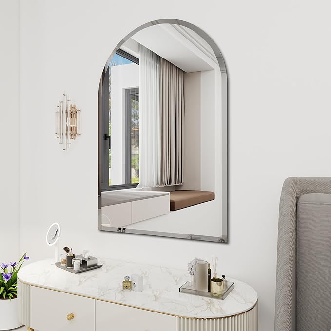Arched Bathroom Mirror, 20X30 inch Arched Frameless Mirror, Arch Wall Mirror，Frameless Mirrors for Bathroom,Beveled Bathroom Mirror.