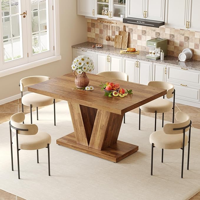 LITTLE TREE 47 Inches Dining Table for 4, Modern Dining Room Tables, Brown Rectangle Kitchen Table with V-Shaped Pedestal, Wooden Dinner Table for Dining Room, Living Room
