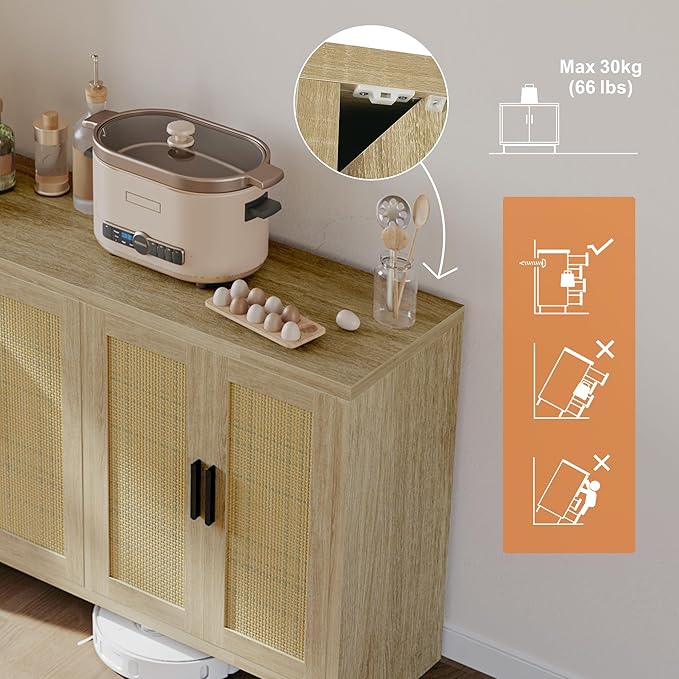Rattan Buffet Cabinet with Storage, Sideboard with Doors, TV Stand, Farmhouse Side Board Coffee Bar, Modern Wood Storage Cabinets for Livingroom, Kitchen and Dining Room (Oak)