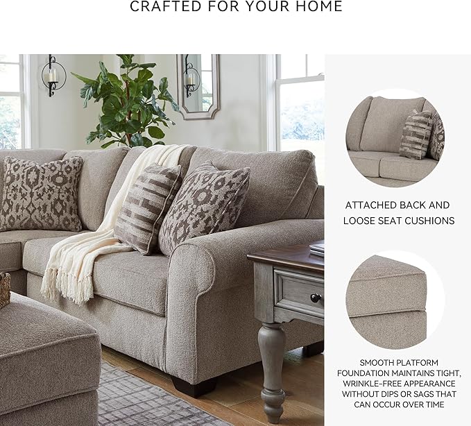 Signature Design by Ashley Claireah Casual L-Shaped 3-Piece Sectional with Loose Seat Cushions and 5 Accent Pillows, Beige