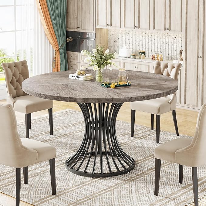Tribesigns Round Dining Table, 47-Inch Farmhouse Dinning Room Table, Industrial Dinner Table with Metal Base, Grey