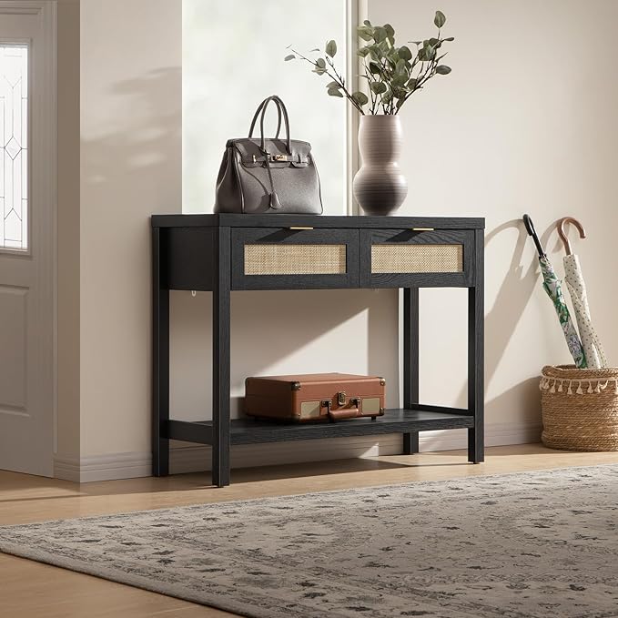 SICOTAS Black Console Table with Rattan Drawers - Boho Rattan Entryway Table with Storage, Small Console Tables for Entryway, Entry Table for Hallway, Sofa Table
