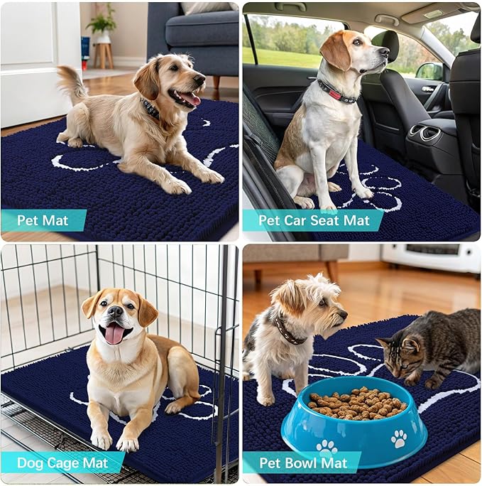 OLANLY Door Mat for Muddy Dog Paws 70x46, Ultra Absorbent Chenille Mud Doormat with Paw Print Design, Non-Slip Washable Doormat for Indoor Entryway, Quick-Dry Pet Bed Mats for Dirty Dogs, Navy Blue