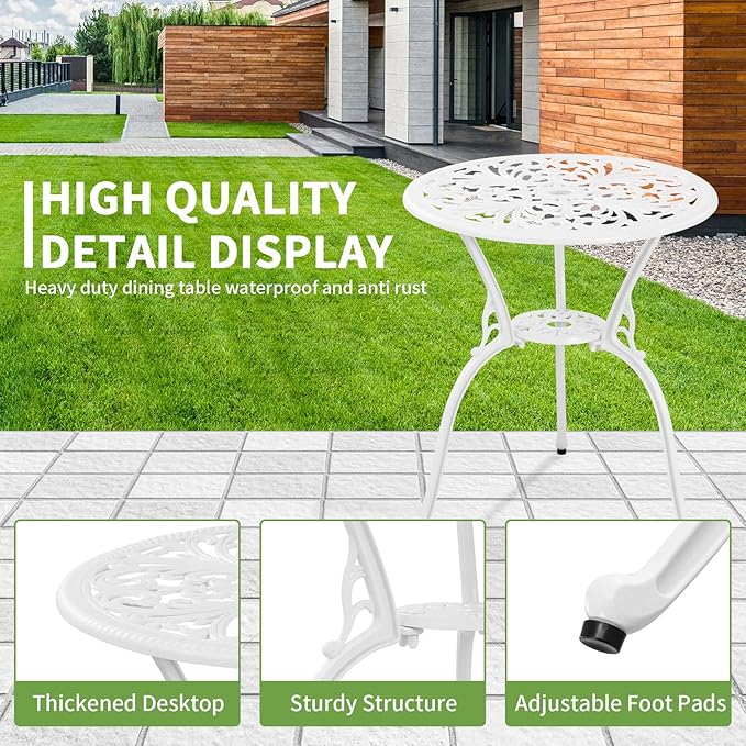 Patio Bistro Set 3 Piece Cast Aluminum Outdoor Bistro Set, Rust Resistance Bistro Table and Chairs of 2 with Umbrella Hole, Small Patio Set for Garden Outside, White