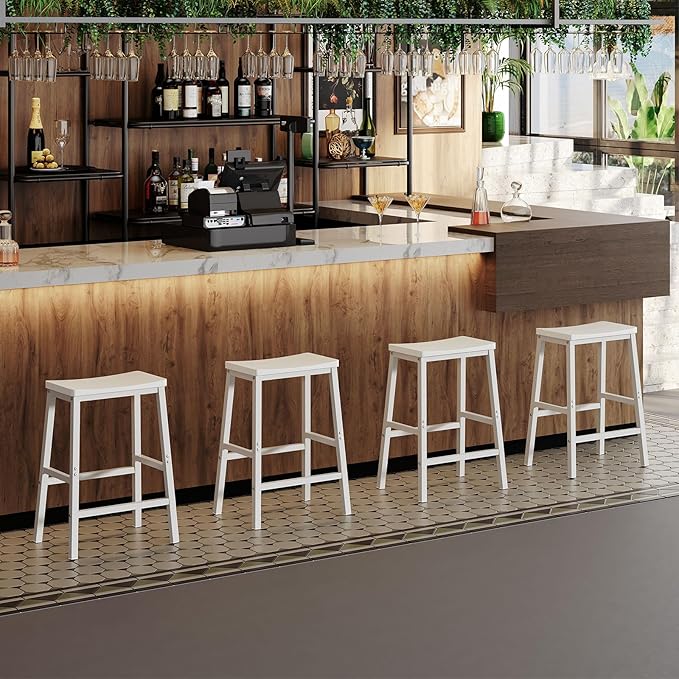 HOOBRO Bar Stools, Set of 2 Bar Chairs, 23.6 Inch Saddle Stools, Kitchen Counter Seat with Footrests, Industrial Barstools for Dining Room, Kitchen, Counter, Bar, White WW02MD01
