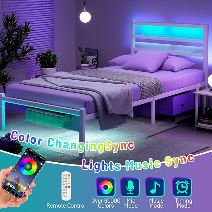 Twin Bed Frame with Headboard,Heavy Duty Steel Slats Support-LED Bed Frame with USB Charging Station,Mattress Foundation-Under Bed Storage,No Box Spring Needed,Noise Free,White