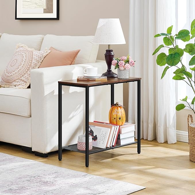 Hoctieon 2 Tier End Table, Sofa Side Table, Narrow Side Table with Storage, Slim Nightstand for Small Spaces, Metal Frame, for Living Room, Bedroom, Sofa Couch, Hall, Rustic Brown