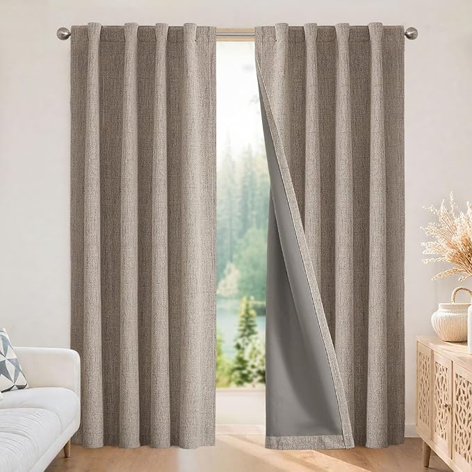 Joydeco 100% Blackout Curtains for Bedroom - Natural Linen Curtains 66"W x 96"L Long, Thermal Insulated 2 Panels Linen Light Blocking Drapes, Rod Pocket & Back Tabs, Darkening Privacy for Living Room