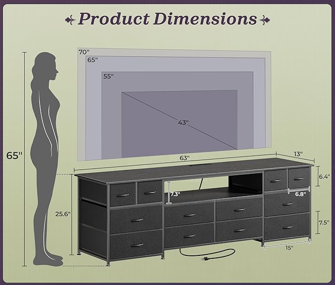 Huuger 63 Inch Dresser TV Stand with LED Lights, Power Outlets and USB-C Port, 12 Fabric Drawer Dresser for Bedroom, Wide Entertainment Center for 65, 70 Inch TV, Open Shelf, Black