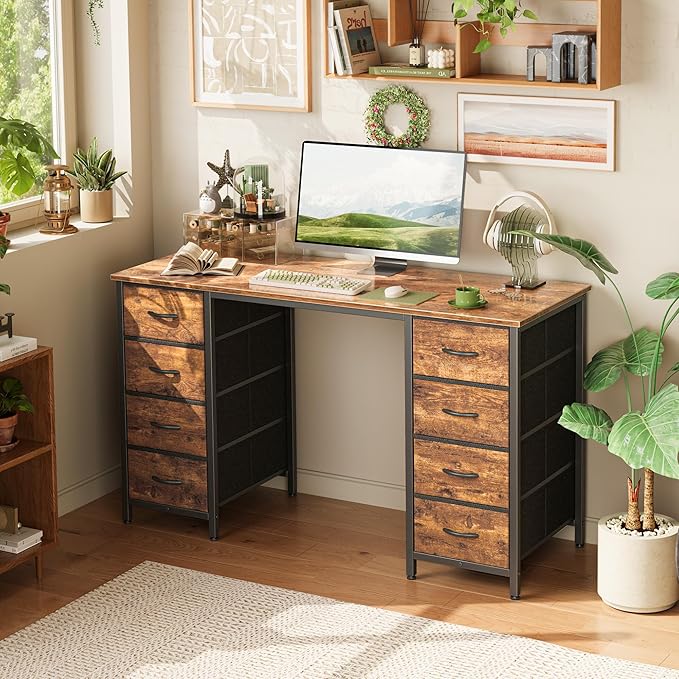 Huuger 47 Inch Computer Desk with 8 Fabric Drawers, Office Desk Work Desk for Home Office, Study, Gaming Desk with Drawers, Large Storage, Rustic Brown