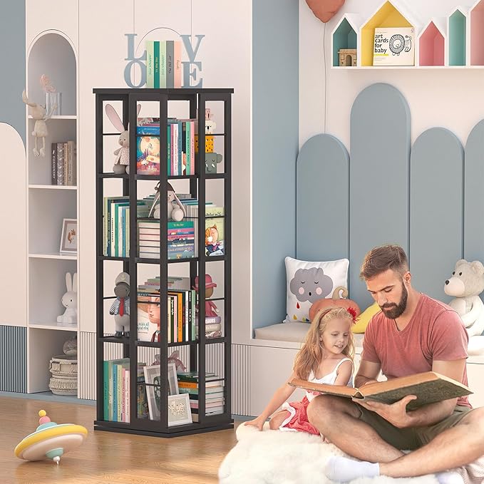 Aheaplus Rotating Bookshelf, 360 Display Wood Spinning Bookshelf, Floor Standing Bookcase Narrow Shelf Revolving Organizer Storage Rack for Small Space, Bedroom, Study Room, Black