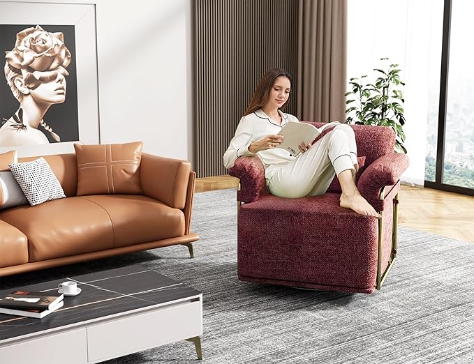 KEIKI Modern Comfy Swivel Accent Reading Chair with Waist Pillows, 360°Square Upholstered Barrel Armchair Single Club Lounge Sofa Chairs for Living Room,Bedroom,Office,DarkRed
