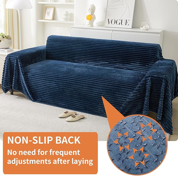 HAOMAIJIA Faux Fur Sofa Covers Couch Covers for 2 Cushion Couch Sofa Pet Friendly Soft Non Slip Couch Cover for Dogs Washable Sectional Couch Covers L Shape Furniture Protector (Navy Blue, 71"x102")