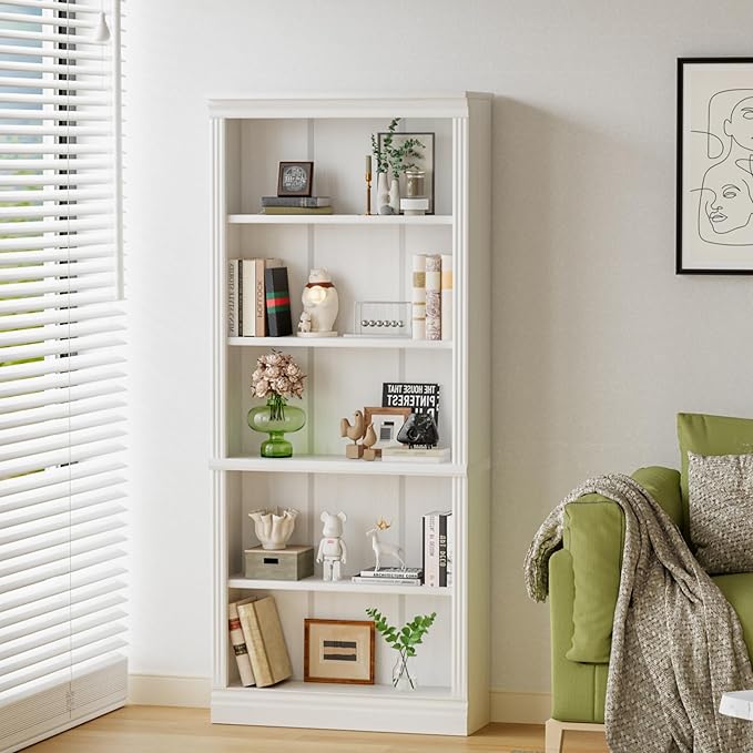 YESHOMY 72" Bookcase and Bookshelf, 5-Tier Wood Bookcases with Shelves, Tall Floor Standing Book Shelf Storage Cabinet Home Decor Furniture for Living Room, Home Office, White, 1 PCS