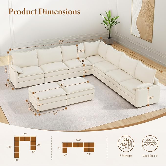 Vesgantti Large Modular Sectional Sofa, Big Comfy Cloud Couch with Ottoman Deep Seat Chenille Cloud Sofa, 9 Seater Large Sectional Couches for Living Room, Bedroom and Apartment, Snow White