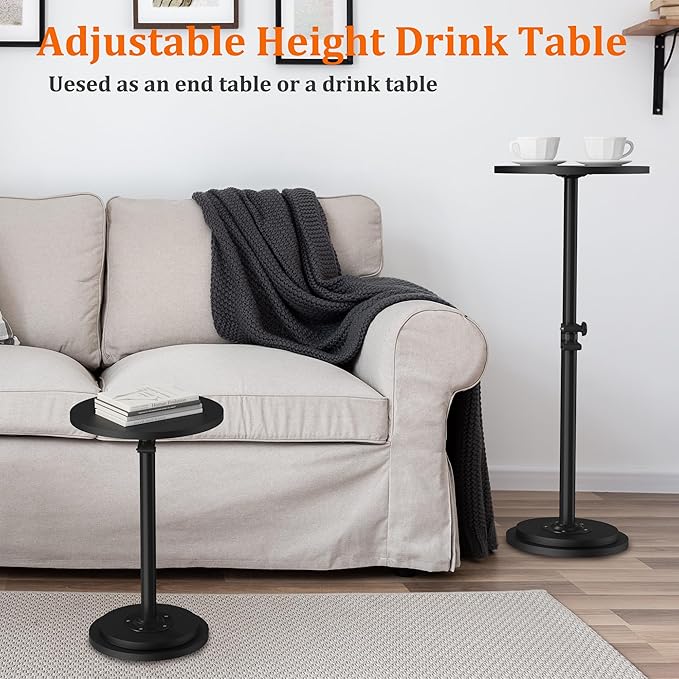 2Pack Drink Table, Small Round Side Table - 360° Swivel Height Adjustable for Small Spaces, Pedestal Martini for Sofa Couch, Living Room, Bedroom, Black