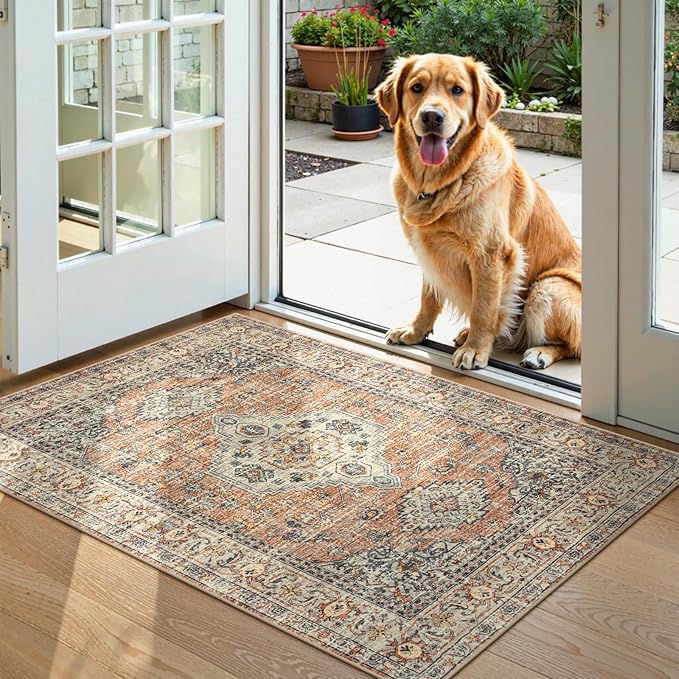 Lahome Oriental Door Mat Indoor Entrance, 2x3 Washable Indoor Rugs for Entryway Soft Small Kitchen Rugs Non Slip Ultra-Thin, Vintage Door Mat Carpet for Bedroom Bathroom, Peach/Orange