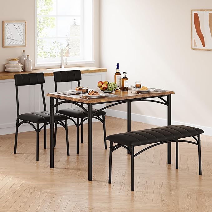 GarveeHome Dining Table Set for 4, Kitchen Table with Upholstered Chairs and Bench, Wood Rectangular Dining Table and Chairs Set for Small Space, Apartment, Dinner, Rustic Brown