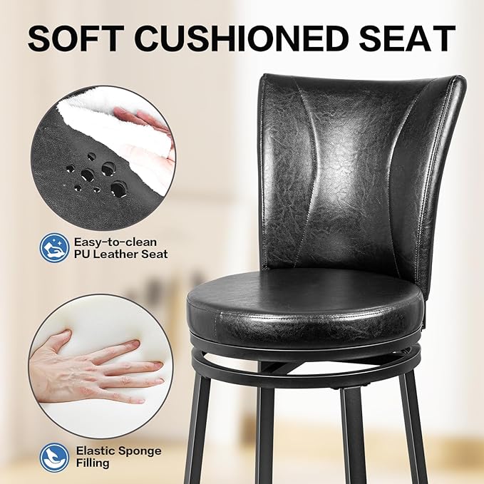 Bar Stools Set of 2, Counter Height Swivel Bar Chair with High Backrest, 24 inch Round Seat Barstools for Kitchen Island, Pub, Metal Base, Upholstered PU Leather Dining Chairs Black