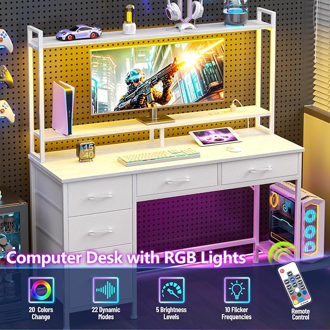 Computer Gaming Desk with Hutch, Home Office Desk with Power Outlets, LED Light, 5 Storage Drawers, 2 Tiers Shelves for Display, 47 Inch Modern Study Writing Table for Bedroom, White