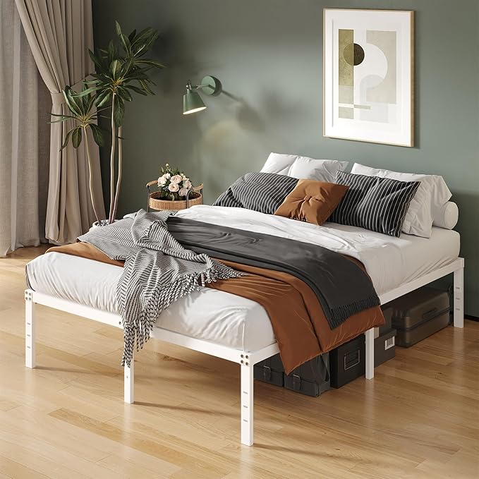 16 Inch White Queen Bed Frame No Box Spring Required, Metal Platform Queen Size Bed Frames with High Storage, Eassy Assembly 3,500 lbs Heavy Duty Bedframes