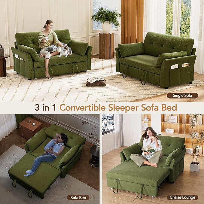 Vipbear 3-in-1 Chenille Convertible Sofa Bed, Pull Out Sleeper Sofa with Side Pocket & Adjustable Backrest, Tool-Free Assembly, Folding Loveseat for Living Room, Apartment, Green