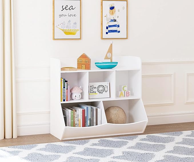 UTEX Toy Storage Organizer with Bookcase, Kid’s Multi Shelf Cubby for Books,Toys, Storage Organizer for Boys,Girls Play Room/Bedroom-White