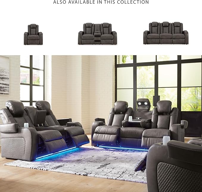Signature Design by Ashley Fyne-Dyme Contemporary Power Reclining Loveseat with Console, USB Charging Ports and Adjustable Headrest, Gray