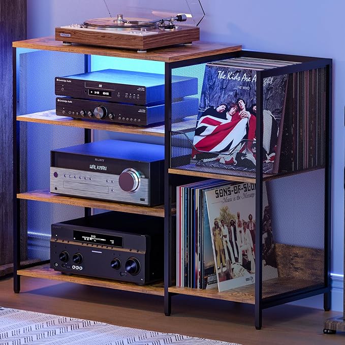 Large Record Player Stand Table with vinyl record holder, AV Media Stand With Charging Station & USB Ports, Stereo Cabinet Stand with Led Strip Light, Sturdy, Adjustable Feet, Rustic, Large Capacity