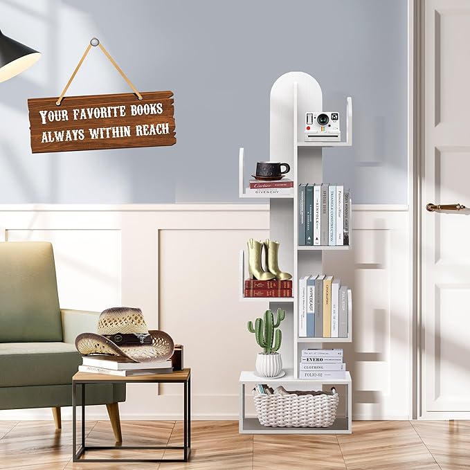 Cactus Tree Bookshelf, 5-Tier Wood 50" Tall Corner Book Storage Rack for CDs/Movies/Books, Small Space-Saving Organizer Shelves for Living Room, Bedroom, Home Office (White)