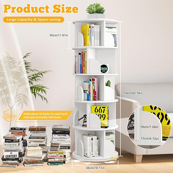 5 Tier Rotating Bookshelf Tower, 360 Display Wood Spinning Bookshelf Tower Revolving Bookcase, 360 Book Shelf Storage Round Carousel, Vertical Rotate Turning Spiral Corner Organizer for Bedroom, White