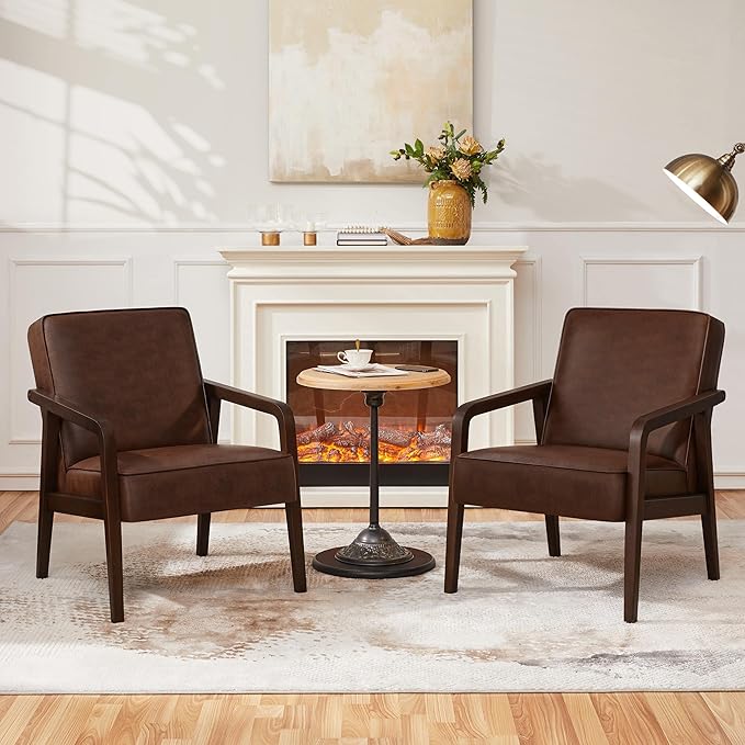 Yaheetech PU Leather Accent Chair, Mid-Century Modern Barrel Chair with Wooden Frame and Soft Thick Padded for Living Room Bedroom Home Office, Dark Brown