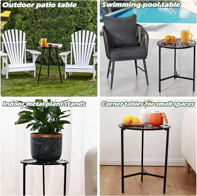 2 Packs 13" Metal Outdoor Side Tables Small Black Outside End Table for Patio Round Accent Garden Corner Stand for Small Spaces Weather-resistant Coffee Table for Balcony Porch Plant Stand