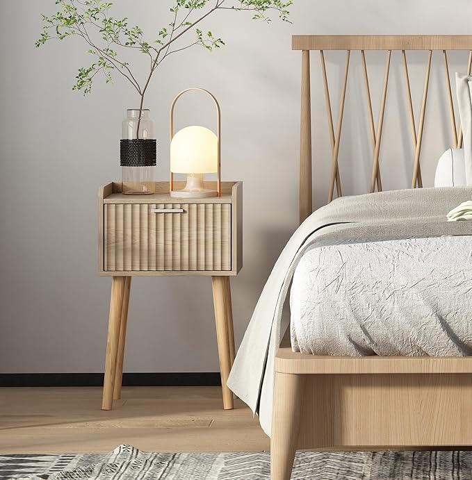 LAATOOREE Nightstand Set of 2, Small Bed Side Table with Fluted Door, End Table with Solid Wood Legs, Mid-Century Bedside Table for Bedroom Small Space
