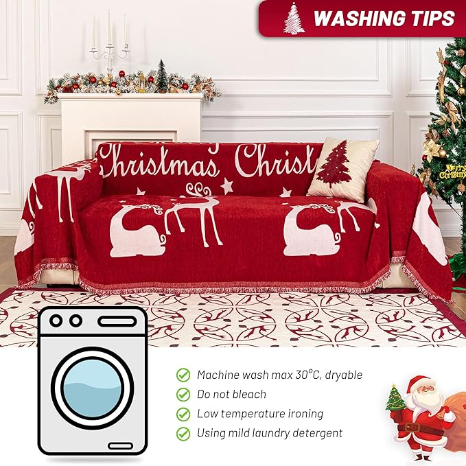 MYSKY HOME Christmas Couch Cover for Sofa Couch Covers for Pets, Non Slip Dogs Furniture Protector with Tassels for Living Room Non Slip Washable Furniture Protector Cover for Pet, Cat, 71"x118", Red