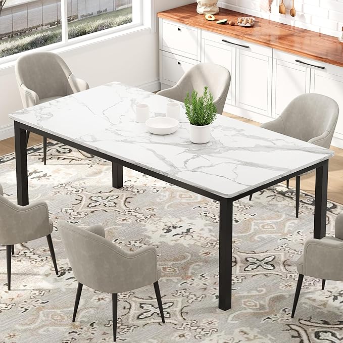 GarveeHome 78.7in Industrial Dining Table for 6, Wooden Long Dinner Table with Mortise Tenon Design, Kitchen Table with Sturdy Metal Legs, for Dining Room Home Office Living Room, White