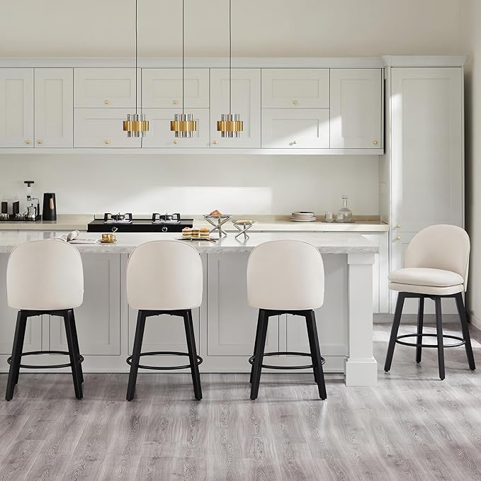 Counter Height Barstools 26 inch Upholstered Swivel Bar Stools with Back and Wood Legs for Kitchen Island,Set of 3,Beige Fabric-Armless