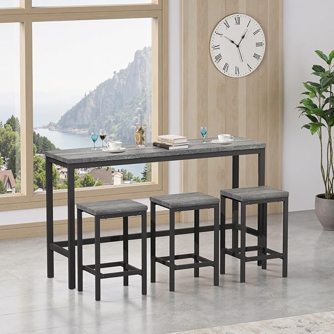 KEIKI 60.24” Long Bar High Top Dining Table and 3 Stools Chairs Set, Wood Behind Couch Sofa Counter Height Pub Furniture for Breakfast, Kitchen Living Party Room, Grey