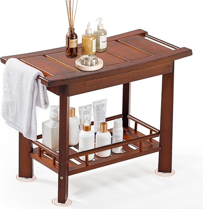 21" Teak Shower Bench for Inside – Luxury Spa-Style Comfort, FSC Certified Durable Teak Wood, Water-Resistant, Ergonomic Seat, Anti-Skid Stability and Enclosed Storage Shelf, 350 lbs Capacity