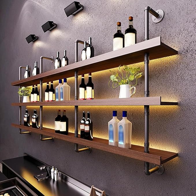 39.7in Large Wine Rack with LED Light Solid Wood Wall Mounted Wine Rack, 3-Tiers Liquor Bottles Floating Shelves Display Storage Organizer for Home Bar & Dining Room (100cm/39.7in)