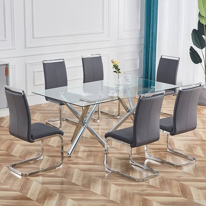 Dining Chairs Set, Kitchen Modern Metal Chairs with Faux Leather Padded Seat High Back and Sturdy Chrome Legs, Chairs for Dining Room (Grey, Set of 4)