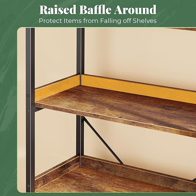 Huuger 6 Tier Bookshelf, Corner Bookshelf with 12 Open Shelves and Raised Baffle, 47.2 Inch Straight Wide Bookcase with Metal Frame and Wooden Board, Adjustable Feet, Rustic Brown
